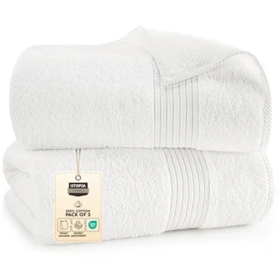 Image of Utopia Towels Luxurious Jumbo Bath Sheet 2 Pack 100% Cotton Highly Absorbent and Quick Dry Extra Large Towel Super Soft Hotel Quality (90 x 180 cm, White)