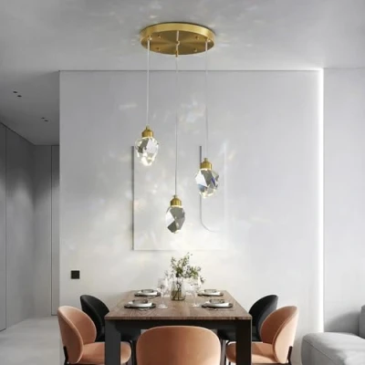 Image of Sxtiger Modern Crystal Pendant Light, 3 Color LED Lamp, Adjustable Height Gold Ceiling Hanging for Kitchen Island Living Room Dining Lighting (3 Headed Round Base)