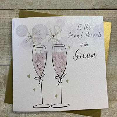 Image of White Cotton Cards PROUD PARENTS OF THE GROOM WEDDING CARD, HAND FINISHED (D190)