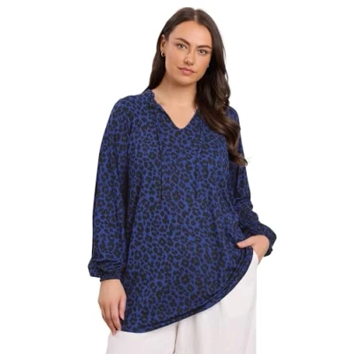 Image of EVANS Curve Animal Print Tie Neck Top Women&#039;s Plus Size Blue