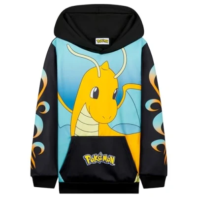 Image of Pokemon Boys Hoodie with Cuffed Sleeves, Kangaroo Pocket Anime Gifts (Black/Blue Dragonite, 11 12 Years)