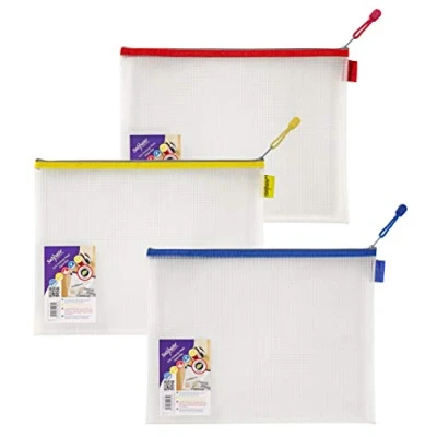 Image of Snopake Foolscap Heavy Duty EVA Mesh Zippa Bag [Pack of 3] 360 x 275mm Transparent/Assorted [15819]