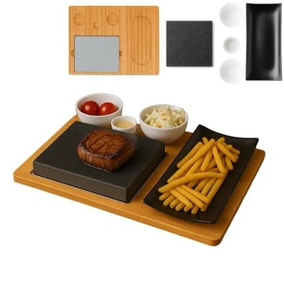 Image of Lava Stone Steak Board, Serving Plate, Bamboo Board with Hot Grill, Grill Table Set
