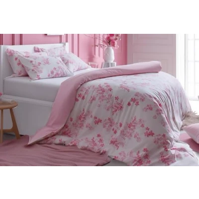 Image of LERUUM Girls Single Duvet Cover Cotton Pink Bedding Reversible Striped &amp; Floral Quilt Christmas Bed Set (Pink Single)
