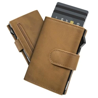 Image of YESIIW Wallets for Men UK, Slim Mens RFID Blocking, Pop Up Credit Card Holder Minimalist Wallet, Smart Wallet Trifold Men&#039;s with Coin Pocket &amp; ID Window, Brown
