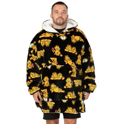 Image of Garfield Oversized Blanket Hoodie Adults Mens Women Lazy Tabby Cat Movie Fluffy Sherpa Fleece Pullover VUddie One Size Sweatshirt with Big Pocket Black