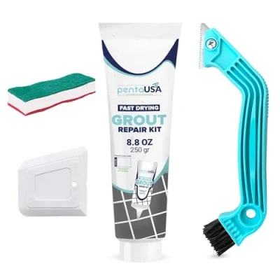 Image of PentaUSA Grout Ready Mixed Tile with Sponge, Rake and Floater, Reviver for Bathroom, Kitchen, Floor Tiles 250 gr Bundle Set (White)