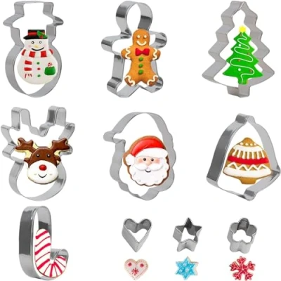 Image of SULOLI Christmas Cookie Cutter Set,10Pack Biscuit Cutters Tree Reindeer Snowman Gingerbread Man Santa for Baking