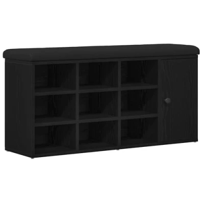 Image of vidaXL Black Oak Shoe Bench Upholstered Top, 16 Pair Storage, Modern Matte Entryway/Hallway Seat Furniture