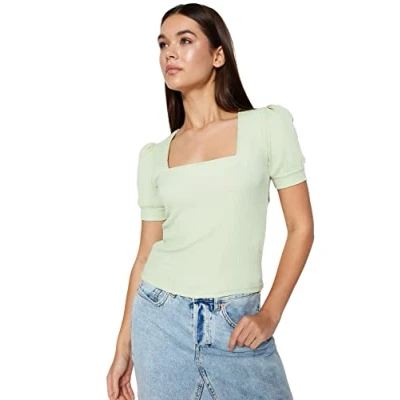 Image of Trendyol Woman Regular fit Basic Square Collar Knit Blouse,Mint,M