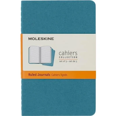 Image of Moleskine Cahier Journal, Set 3 Notebooks with Ruled Pages, Cardboard Cover Visible Cotton Stiching, Colour Brisk Blue, Pocket 9 x 14 cm, 64 Pages