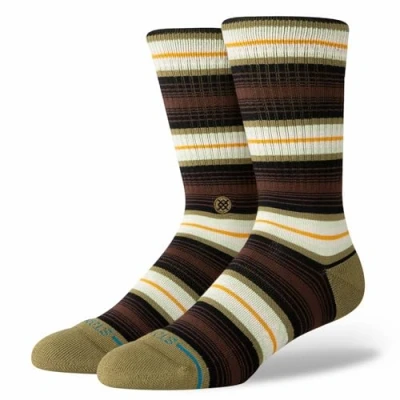 Image of Stance Hassagore Crew Socks Chive Green Multi Striped Patterned Calf Medium