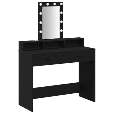 Image of vidaXL black oak dressing table/vanity with mirror and lights 100x41x140cm engineered wood makeup desk for bedroom storage drawers