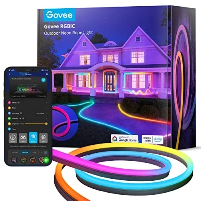 Image of Govee Outdoor Neon Rope Lights, 10M RGBIC IP67 Waterproof Christmas Decorations with 64+ Scenes, Music Sync, Flexible LED Strip for Garden Yards Walls, Works Alexa Google Assistant