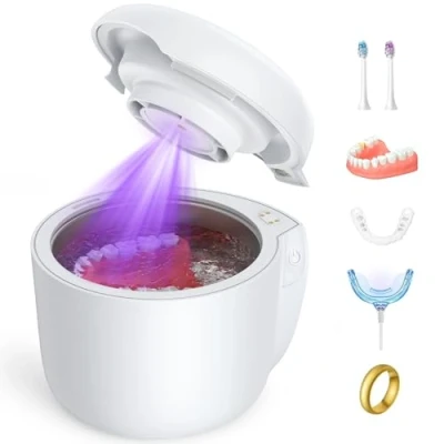 Image of Retainer Cleaner, AGPTEK Ultrasonic UV Cleaner for Dentures, Retainer, Mouth Guard, Aligner, Whitening Trays, 45kHz Denture Machine with Fan Drying, 190ML Portable Pod Home Travel