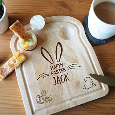 Image of eBuyGB Personalised Happy Easter Breakfast Board, Egg &amp; Soldiers, Toast Shaped Serving Dippy Eggs and Toast, Gift for Kids, Children