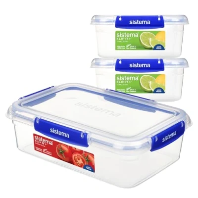 Image of Sistema KLIP IT PLUS Leakproof Food Storage Containers 2 x 1L &amp; 2.2 L Airtight, Stackable Nestable Meal Prep with Lids School Lunch Boxes BPA Free 3 Count