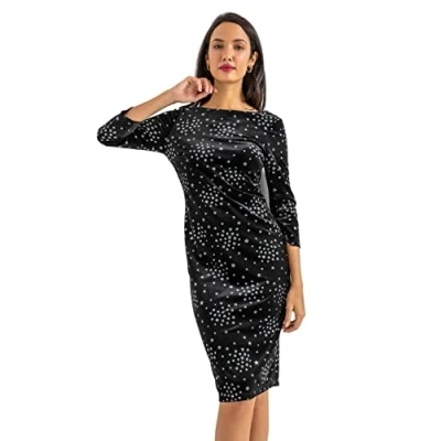 Image of Roman Originals Women Glitter Star Print Velvet Dress Ladies Spring Everyday Summer Evening Vacation Work Holiday 3/4 Sleeve Smart Casual Black Size 18