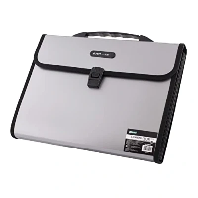 Image of D.RECT 5570 Expanding Folder with Handle Organiser Expandable Portable File Document Folders for Home, School and Work Travel 12 Compartments A4 Ash Grey