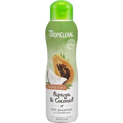 Image of TropiClean Dog Shampoo Grooming Supplies Luxury 2 in 1 &amp; Conditioner and Cat Derived from Natural Ingredients Used by Groomers Papaya Coconut, 355ml