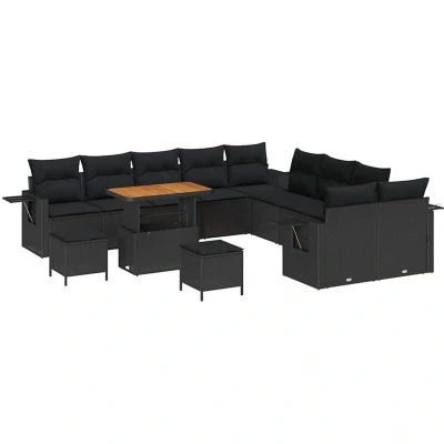 Image of vidaXL 13 Piece Garden Sofa Set with Cushions Black Poly Rattan Acacia