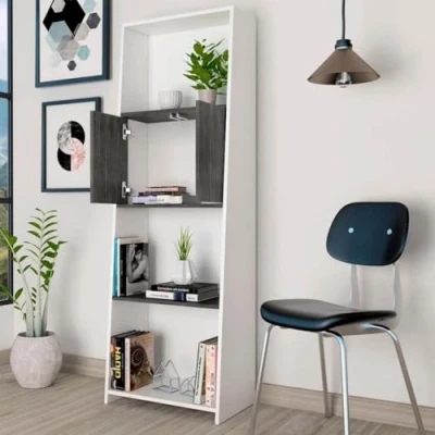 Image of Home Source Auckland Bookcase Cupboard 4 Tier Shelving Unit, Grey Oak Effect Panels Shelves and 2 Doors, White
