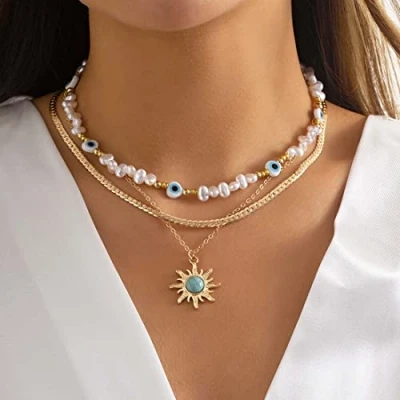 Image of Prosy Punk Layered Sun Turquoise Choker Necklaces Gold Eye Necklace Chain Jewelry Adjustable for Women and Girls
