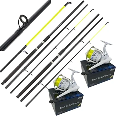 Image of 2 AP Beachcaster Sea Fishing Rod 12ft 3pc Lidster BLUE OCEAN 70 Reel Yellow Line