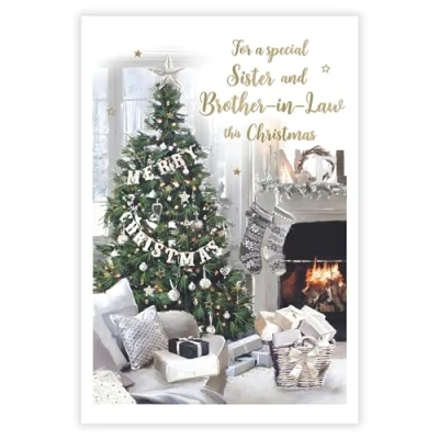 Image of ICG Special Sister &amp; Brother in Law Christmas Card Festive Lounge, Decorated Tree and Cosy Fireplace with a Foil Finish