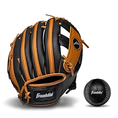 Image of Franklin Sports unisex youth Right Handed Thrower Kids Baseball Gloves RTP Child s Tball Glove Ball Set Boys Girls Teeball Mit, Black/Tan, 9.5 US