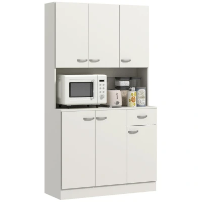 Image of HOMCOM Kitchen Cupboard, Freestanding Storage Cabinet with 6 Doors, Drawer, Adjustable Shelves and Open Countertop for Dining Room, Cream White