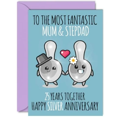 Image of Cute Silver Anniversary Card for Mum &amp; Step Dad 25 Years Together Happy 25th Wedding Cards Mum, A5 Greeting Twenty Fifth Anniversaries