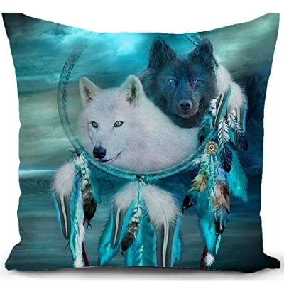 Image of KUNQIAN Wolf Cushion Cover Decor Animal Teal Ornament Dream Catcher Pillow for Home Livingroom Couch Bed Sofa Decorate Throw Case Gift 18&quot;x18&quot;