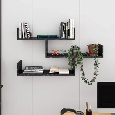 Image of HOCUS PICUS Tibet 3 Tier Wall Shelf, Modern Design, Piece Floating Many Colour Options, Easy to Assemble, Living Room Office Storage 119x 66.5x22cm (Black Marble Effect)