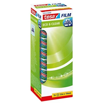 Image of tesafilm eco &amp; Clear Transparent Self Adhesive Tape Environment Friendly, Solvent Free, Age Resistant Office with Strong Adhesion, 33 m x 19 mm Pack of 8