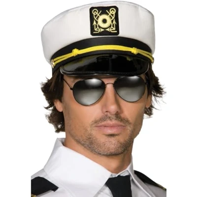Image of Smiffys Captains Cap, White Fabric with PVC Peak, Land, Sea and Air Forces Fancy Dress, Captain Dress Up Hats