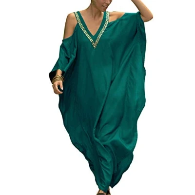 Image of YouKD Wemon&#039;s Summer Long Kaftan Shoulderless Dress V Neck Garment Bohemian Swimsuit Beach Cover Up Robes B Green
