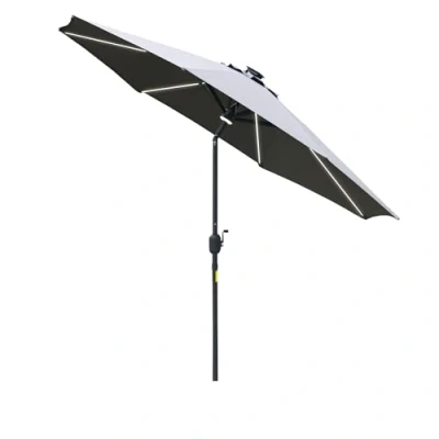 Image of Outsunny 2.7m Garden Parasol Sun Umbrella Patio Summer Shelter w/LED Solar Light, Angled Canopy Vent, Crank Tilt, Grey