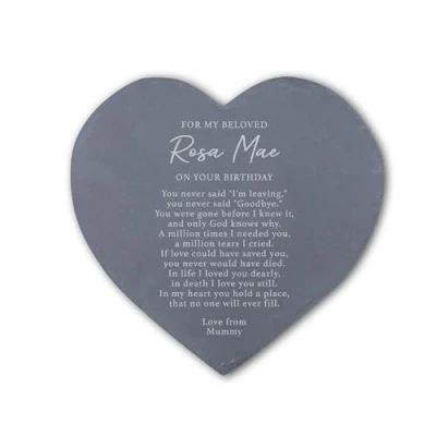 Image of eBuyGB Personalised Slate Memorial Plaque, Heart Shaped Grave Ornament, In Loving Memory, Heavenly Birthday, Remembrance Bereavement Sympathy Gift