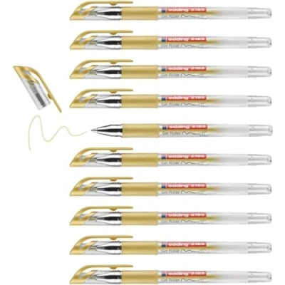 Image of edding 2185 gel roller gold box of 10 0.7 mm pen for writing, drawing, colouring mandalas, bullet journals glitter pen, colour