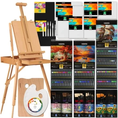 Image of VISWIN All in one Artist Painting Set, 147 Pcs Professional kit with French Easel, 96 Oil, Watercolor &amp; Acrylic Paint Canvas, Paintbrush, Palette, for Adult, Artist, Beginner