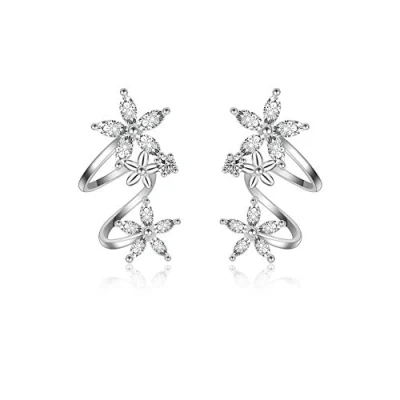 Image of Flower Fairy Sterling Silver Plated CZ Ear Cuff Wrap Stud Earrings for Women Girls Cartilage Fashion Crawler Climber Cubic Zirconia Clip Hypoallergenic (Silver)