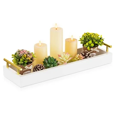 Image of Hanobe Rectangle Long Narrow Tray: Decorative Trays Rectangular Candle Holder for Home Decor White Centerpiece Tray Serving with Gold Handles Dining Table Coffee Bar Living Room…
