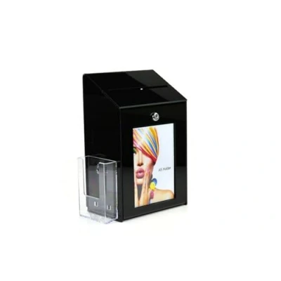 Image of Pos Display Shop Lockable Black Acrylic Collection Box/Comments Box/Feedback Box/Suggestion Box + 1/3rd A4 Leaflet Holder PDS9463 LH