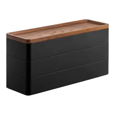 Image of YAMAZAKI 5810 RIN 3 Tiered Slim Accessory Case With Lid, black, ABS Resin/Wood, Minimalist, 24 x 8 11.5 cm
