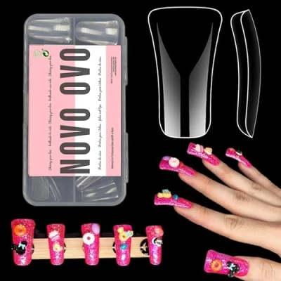 Image of NOVO OVO 120 pcs Full Cover Duck Feet Nail Tips Press On for Acrylic, Clear Medium/Long Coverage Flare Y2K Vibe Wide French Soft Gel False Extension Art Salon x 12 Sizes in Box