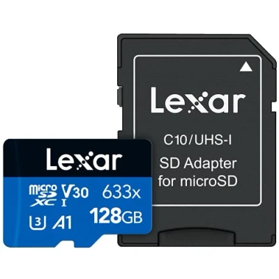 Image of Lexar High Performance 633x 128GB microSDXC UHS I Card with SD Adapter, C10, U3, V30, A1, Full HD &amp; 4K Video, Up To 100MB/s Read, for Smartphones, Tablets, and Action Cameras (LSDMI128BBNL633A)