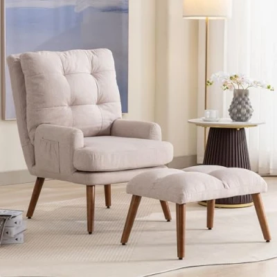Image of ModernLuxe Soft Armchair with Footstool, Comfortable Accent Chair Side Pockets, 5 Stage Adjustable Backrest, Tiltable, Highly Elastic Foam Padding, Relaxing Reading for Living Room, Beige