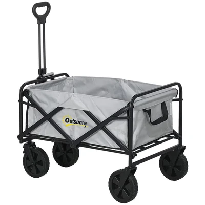 Image of Outsunny 90L Folding Garden Trolley Cart Pull Along Wagon with Telescopic Handle for Beach Camping Festival Dark Grey