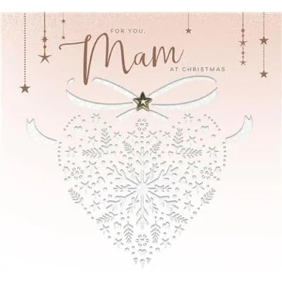 Image of UK Greetings Mam Christmas Card Patterned heart and stars with embellishments, die cut foil, embossed details Eco Friendly, 185 x 185mm